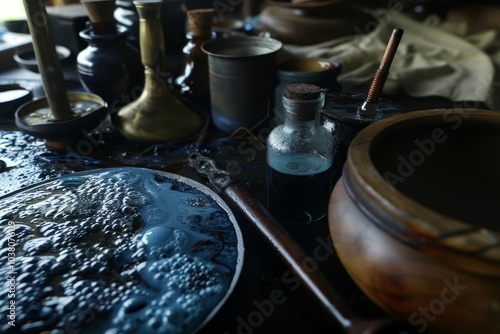 Enchanting alchemist s laboratory a hyper realistic fantasy scene of herb and mineral mixtures photo