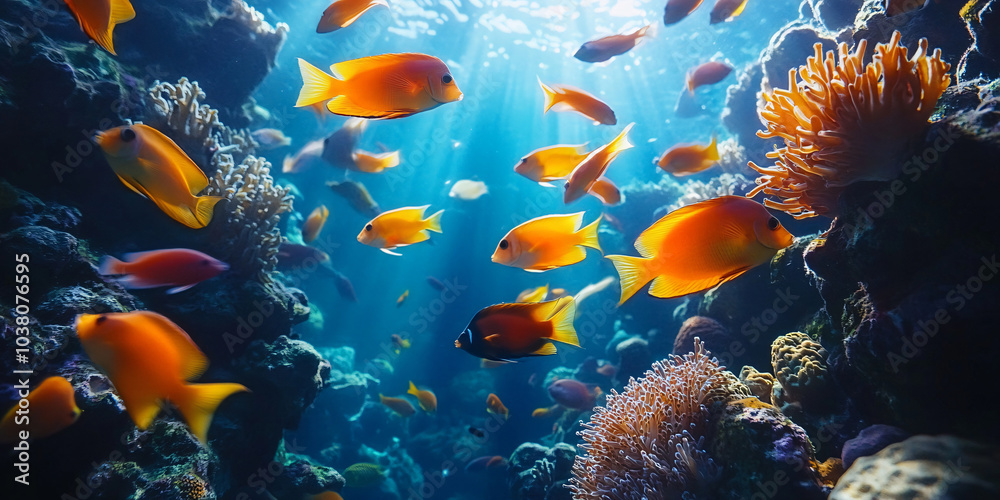 Fototapeta premium A mesmerizing underwater scene featuring a vibrant coral reef teeming with colorful fish.