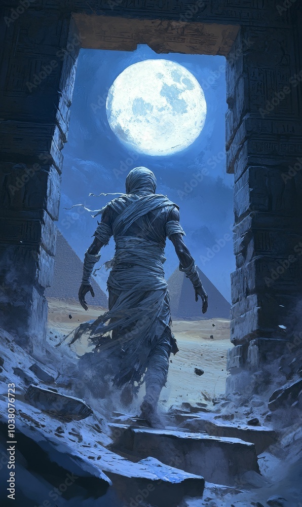 Mummy walks through a moonlit doorway. Mummy walks through a moonlit doorway.