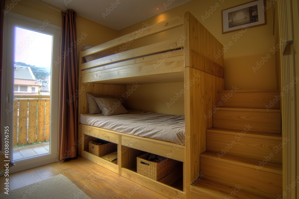 Fototapeta premium A cozy bedroom featuring a wooden loft bed with storage underneath and a small staircase, creating an efficient use of space.