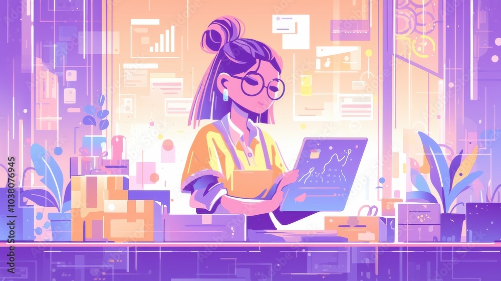 Young Woman Analyzing Data in a Vibrant Digital Workspace Young Woman Analyzing Data in a Vibrant Digital Workspace
