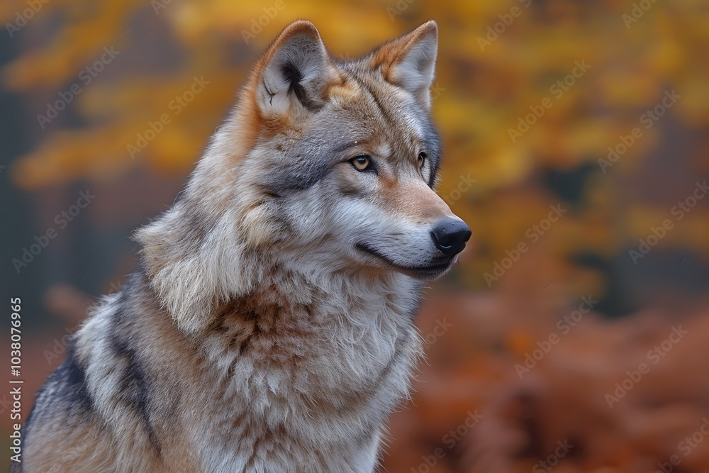 Obraz premium Autumn Wolf in Forest Landscape - Majestic Wildlife in Seasonal Setting