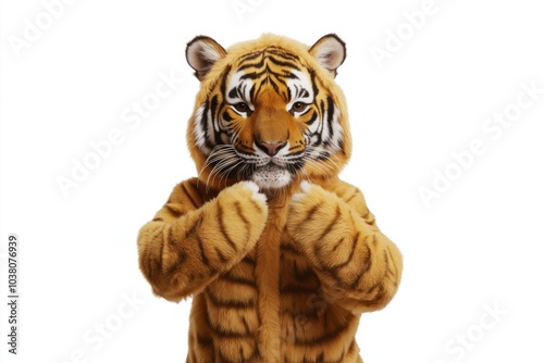 Graceful tiger in costume performing dance move with a smile against a white background isolated photo