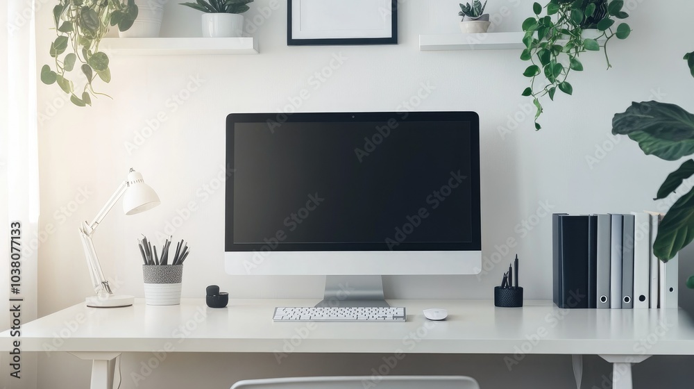 A beautifully organized home office with a sleek desk, large monitor, wireless accessories, and minimalist decor, creating a calm and productive workspace. A beautifully organized home office with a sleek desk, large monitor, wireless accessories, and minimalist decor, creating a calm and productive workspace.