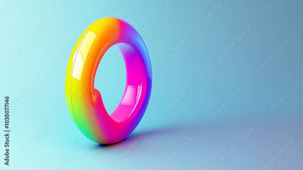 A rainbow colored ring stands on a blue surface against a blue background. A rainbow colored ring stands on a blue surface against a blue background.