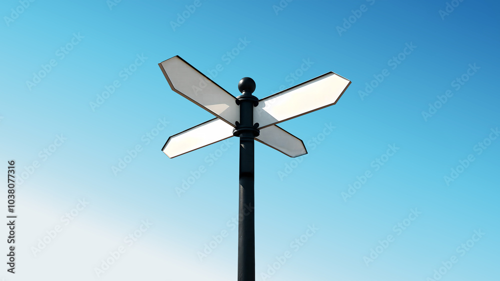 This sign points in exactly four different directions and is a white arrow-shaped sign with a black frame. This sign points in exactly four different directions and is a white arrow-shaped sign with a black frame.
