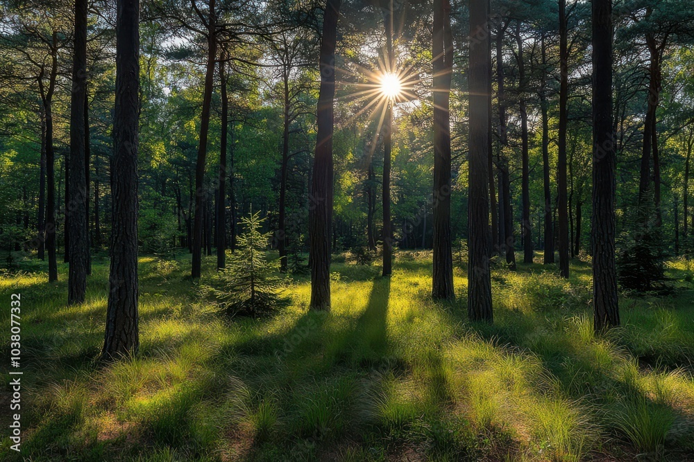 Fototapeta premium cool sun shining through the forest land