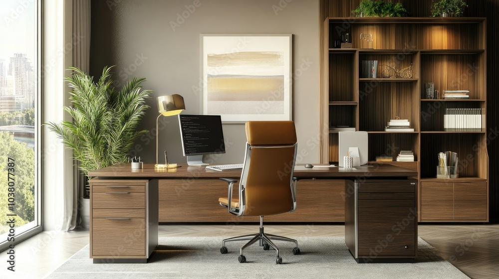 A chic, modern office space featuring a large work desk, ergonomic chair, stylish shelves, and complete office equipment, creating a productive environment. A chic, modern office space featuring a large work desk, ergonomic chair, stylish shelves, and complete office equipment, creating a productive environment.