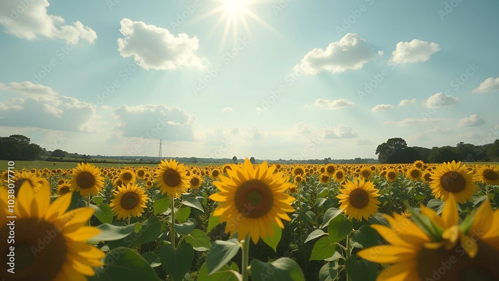 Obraz premium Sunlit field of vibrant sunflowers under a blue sky with fluffy clouds
