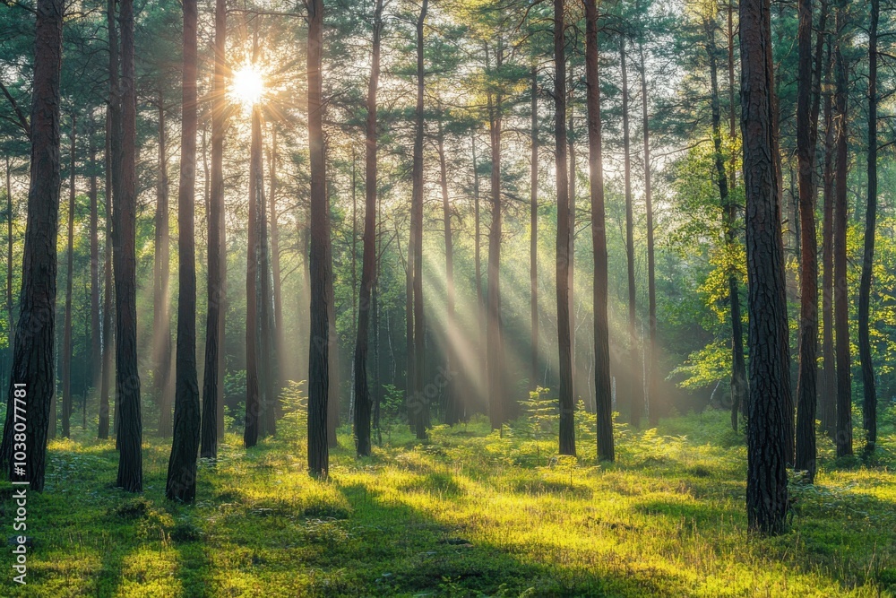 soft morning in the forest with direct rays soft morning in the forest with direct rays
