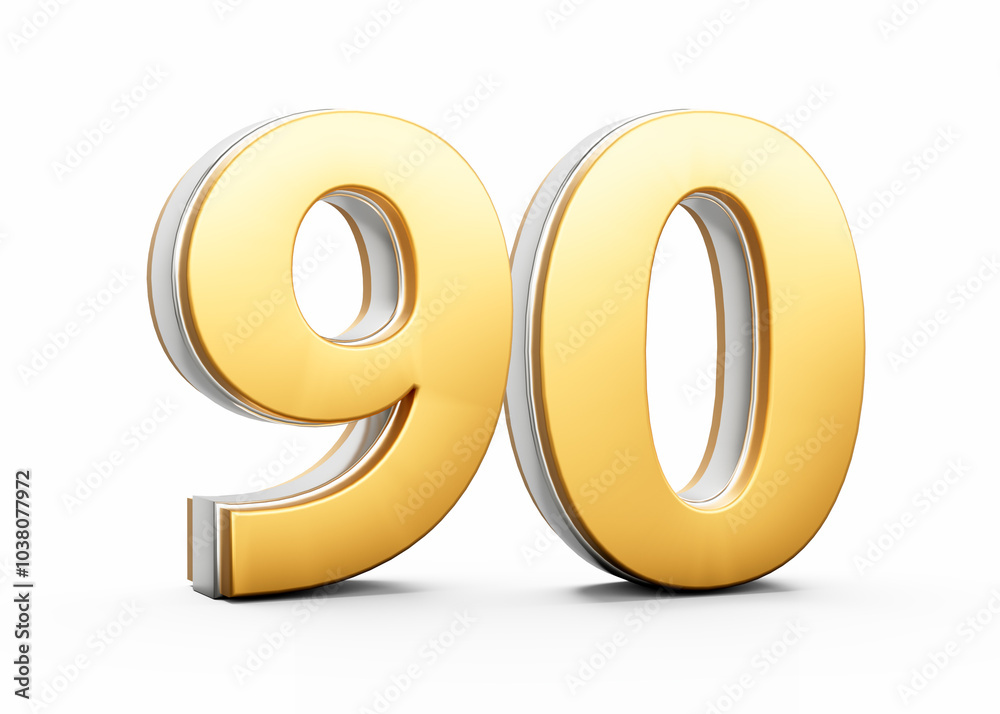 3D Golden Shiny Number 90 Ninety With Silver Outline On White Background 3D Illustration 3D Golden Shiny Number 90 Ninety With Silver Outline On White Background 3D Illustration