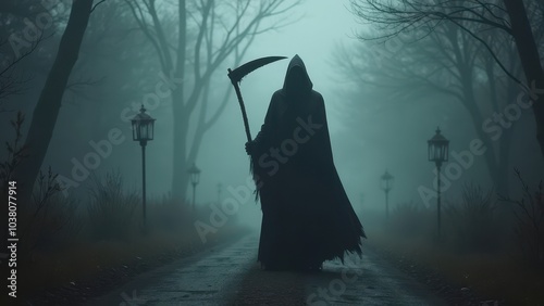 Silhouette of a Scythe-Wielding Figure in a Foggy Path photo