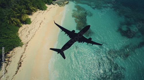 Airplane flying over a tropical beach with clear turquoise water and palm tre...