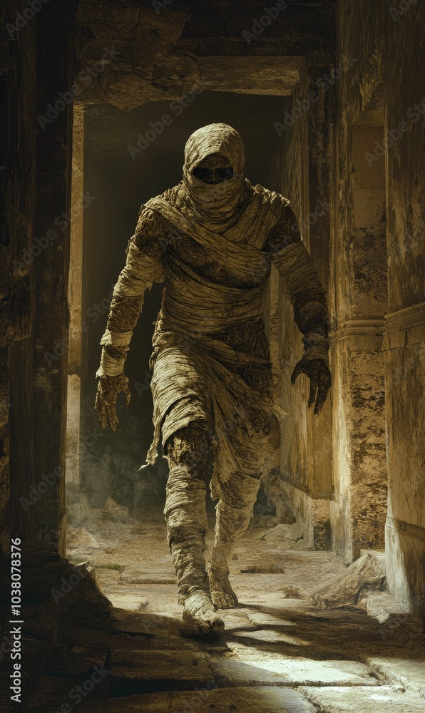 Mummy walks through ancient ruins. Mummy walks through ancient ruins.