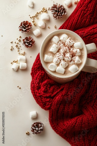 Cozy hot chocolate with marshmallows and pinecones on a red knit blanket in w...