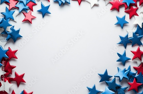 Red, white, and blue star decorations arranged on a white background for a fe...
