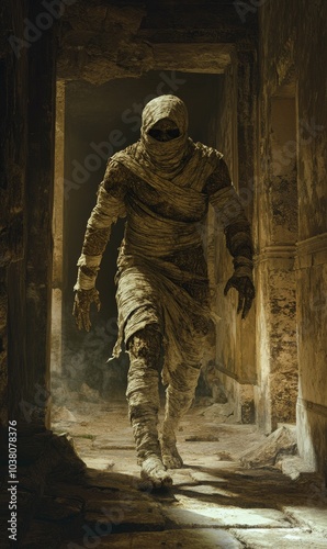 Mummy walks through ancient ruins. photo