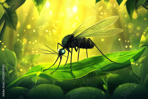 Mosquito on a Leaf in a Forest