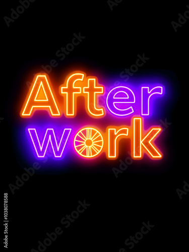 Afterwork text in bold neon letters. Featuring a mix of gold, purple and blue tones. The text has symmetrical patterns and includes embedded geometric shapes, Generative AI