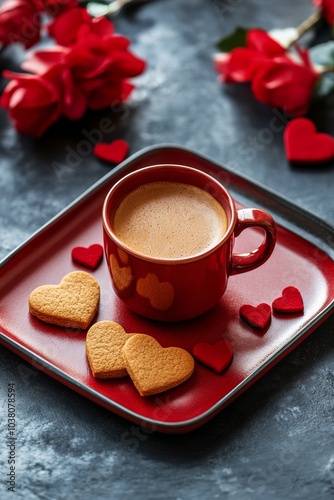 Cozy cup of coffee with heart shaped cookies on a festive red plate during wi...