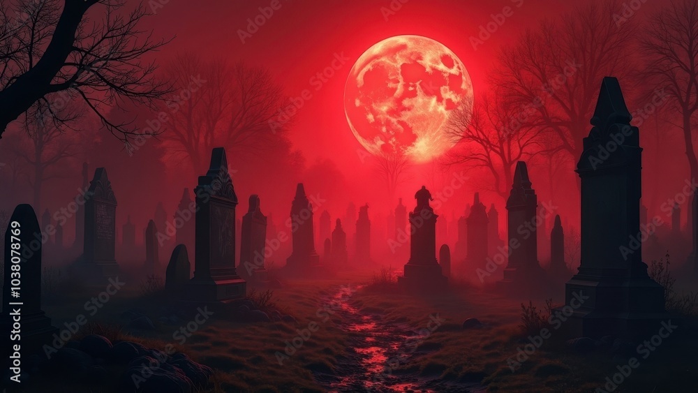 Misty Cemetery Path with a Full Red Moon Misty Cemetery Path with a Full Red Moon