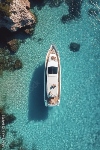 Luxury yacht cruising through clear blue waters on a sunny day in summer