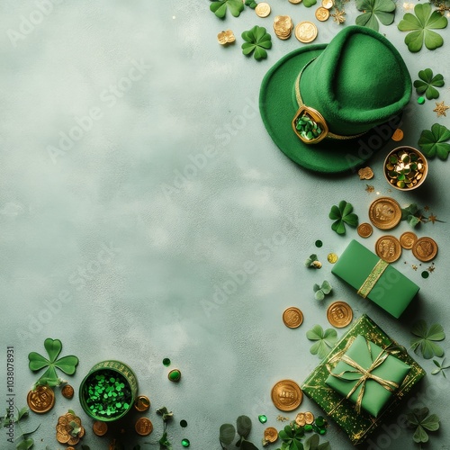 Festive green gifts and decorations with coins and clovers for celebration at...