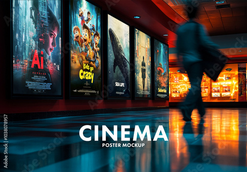 Movie posters mockup in cinema interior, generative ai image