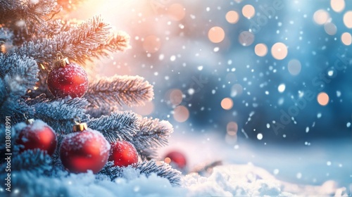 Festive winter scene with snowy decorations and pine cones under soft falling...