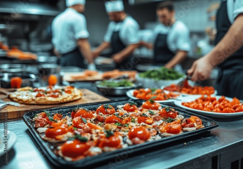 Culinary team preparing fresh ingredients in a busy restaurant kitchen during...