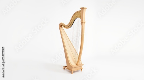 Harp isolated on white background with tags related to music, instruments, and classical themes