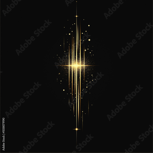Light rays and stars on a black background, with gold lines and glowing particles. AI generation.