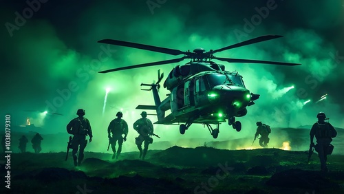 Military Helicopter Flying Over a Team of Soldiers During a Nighttime Training Exercise With Green Smoke Effects