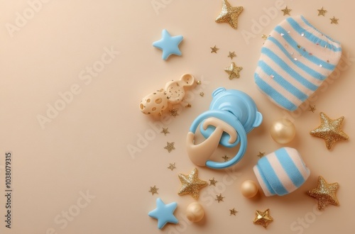 A collection of baby accessories arranged with decorative stars and beads on ...
