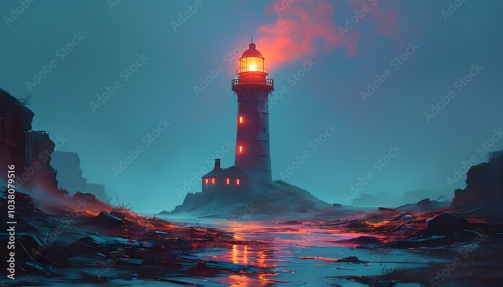 Neon-outlined lighthouse in post-apocalyptic style Neon-outlined lighthouse in post-apocalyptic style