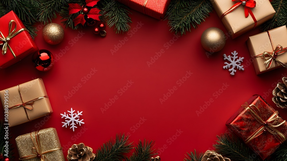 Christmas Presents, Decorations, and Pine Branches on a Red Background Christmas Presents, Decorations, and Pine Branches on a Red Background