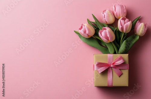 A gift box adorned with a pink ribbon sits beside a bouquet of pink tulips