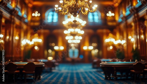 Luxurious casino interior with chandeliers in the evening glow at a historic ...