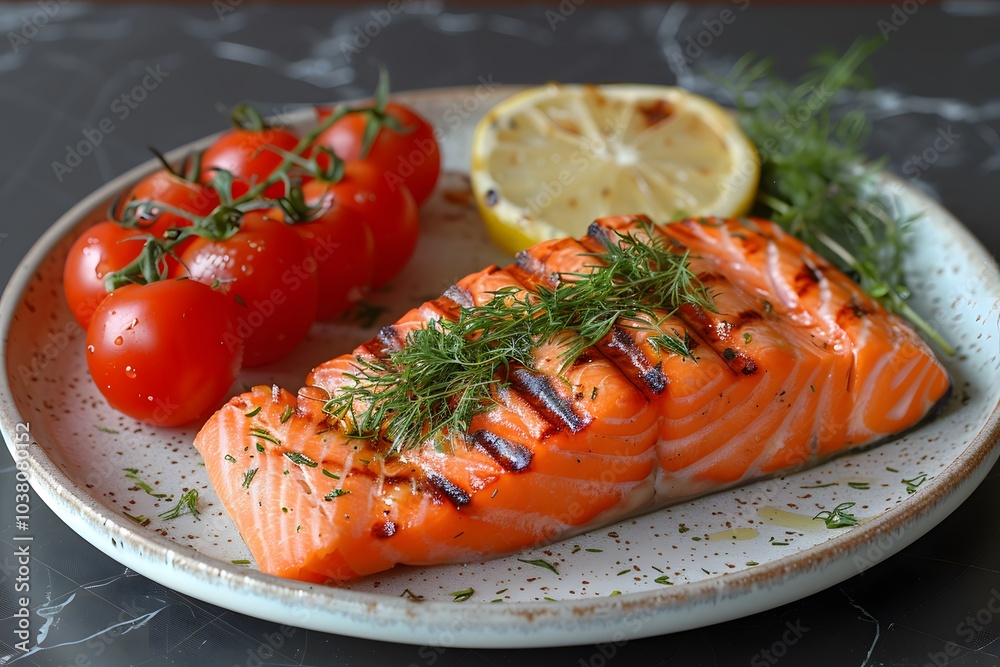 Grilled Salmon and Cherry Tomatoes with Lemon and Dill on a Rustic Plate Grilled Salmon and Cherry Tomatoes with Lemon and Dill on a Rustic Plate