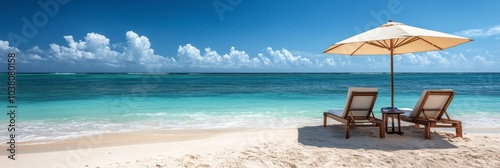 Relaxing on a sunny beach with lounge chairs and an umbrella by the clear blu...