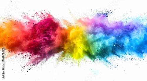 Colorful rainbow-colored powder explosion on a white background, stock photo, high-resolution photography, 