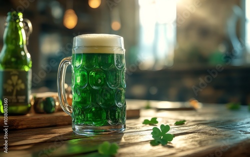 A refreshing green beverage sits on a wooden table with shamrock decorations ...