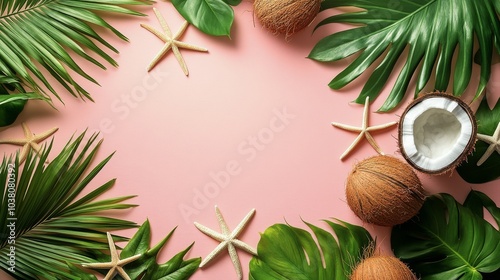 Coconuts and starfish arranged on a pink background with palm leaves for a tr...