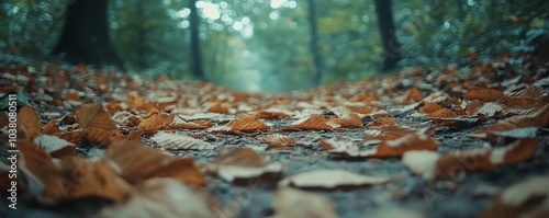Autumn leaves blanket a serene forest trail in late afternoon sunlight