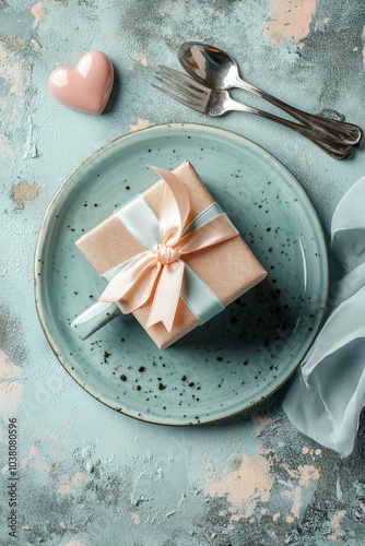A cozy breakfast setting with a heart shaped latte art and a beautifully wrap...