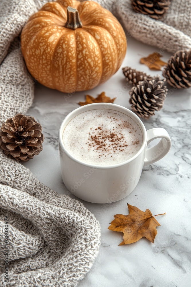 Warm pumpkin spice latte with autumn leaves and pinecones on a cozy knit blanket Warm pumpkin spice latte with autumn leaves and pinecones on a cozy knit blanket