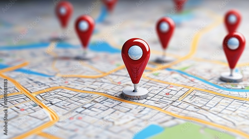 Map with red location pins, detailed urban layout, streets, and water bodies Map with red location pins, detailed urban layout, streets, and water bodies