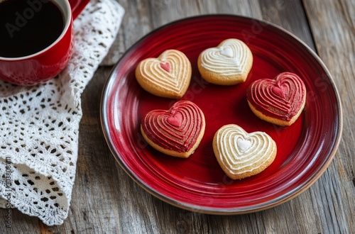 Warm coffee with heart shaped cookies on wooden table setting decorated with ...