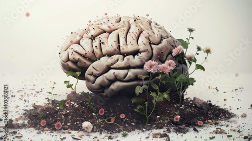 a surrealistic interpretation of the human brain as a cosmic garden, with neural pathways branching out like tendrils of ivy amidst a lush landscape of consciousness photo