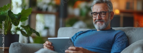 Smiling relaxed middle aged man in a blue top looking away holding tab relaxing on sofa at home. Happy mature male using digital tablet sitting on couch in modern living room.